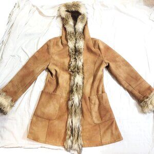 Tasha Polizzi Suede and Faux Fur Hooded Fleece Lined Tan Jacket Womens Sz Large
